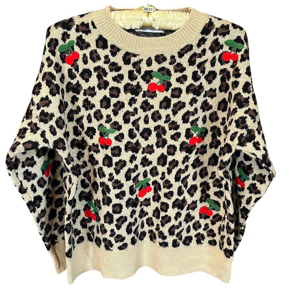 New! Leopard & Embroidered Cherry Crewneck One-Size Sweater Measurements Below
